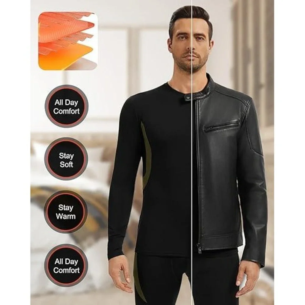 Mens Thermal Base Layer Set Micro Fleece Lined Long Johns Black Olive Size Large